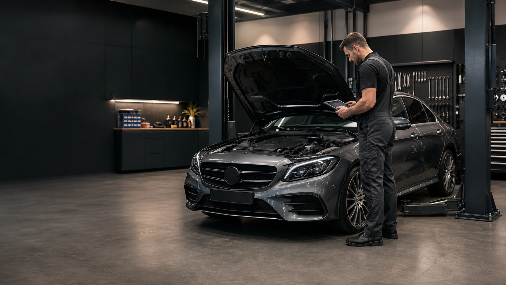 European performance vehicle in a modern service bay