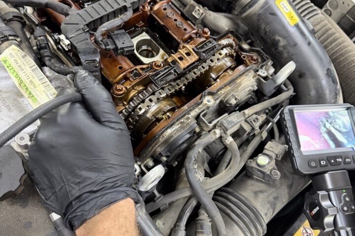 Engine during the Mercedes-Benz SLK250 timing-chain repair at EuroProTech