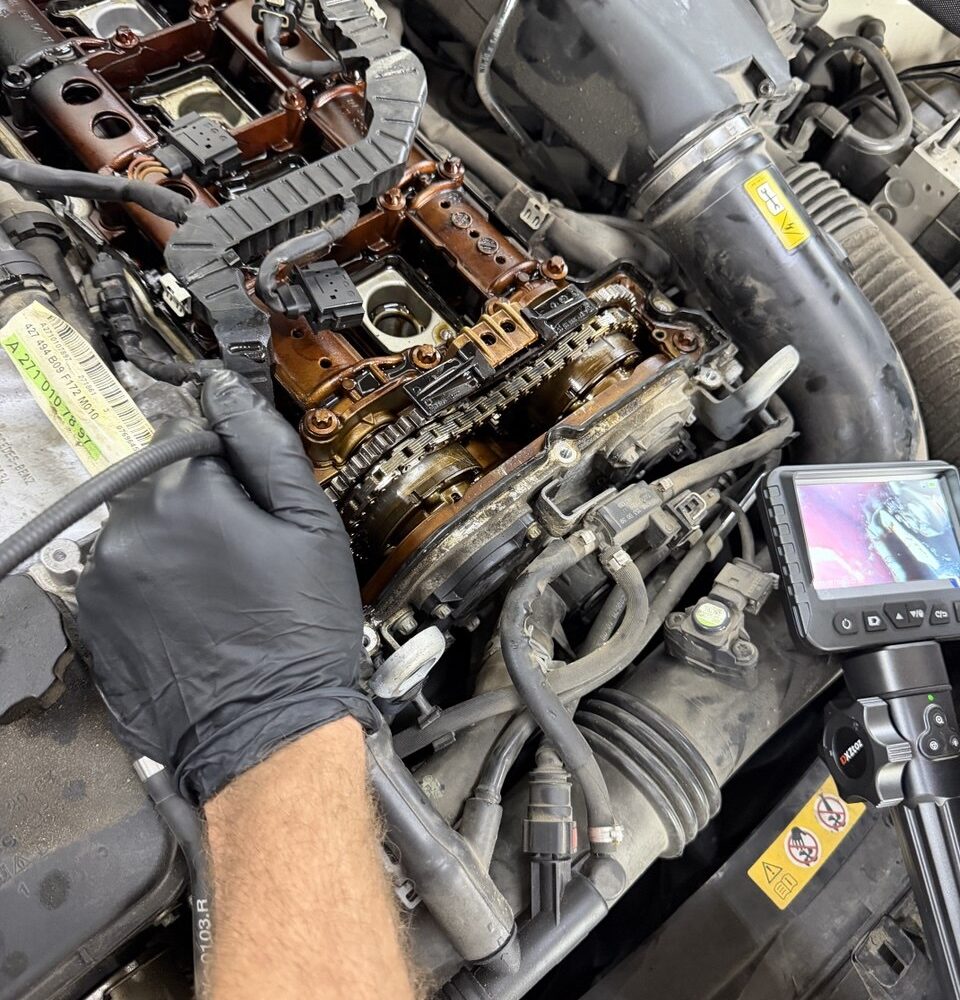 Engine during the Mercedes-Benz SLK250 timing-chain repair at EuroProTech